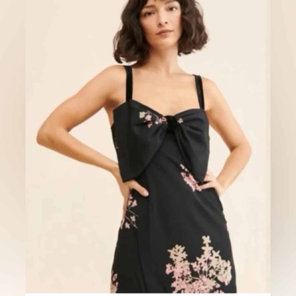 Free People Floral Mini Dress Black Tie bow retro,NWOT